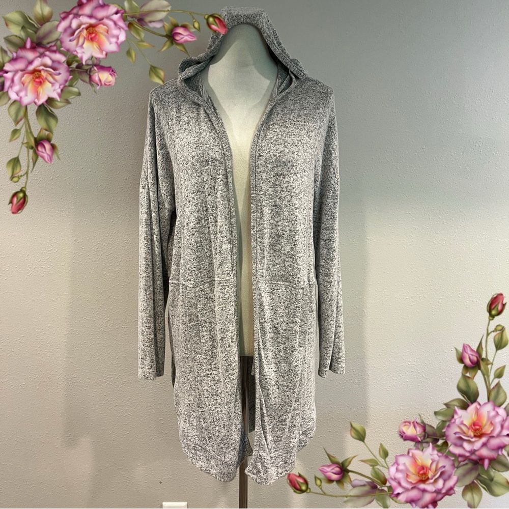 Gray Hooded long sleeve long‎ open cardigan
